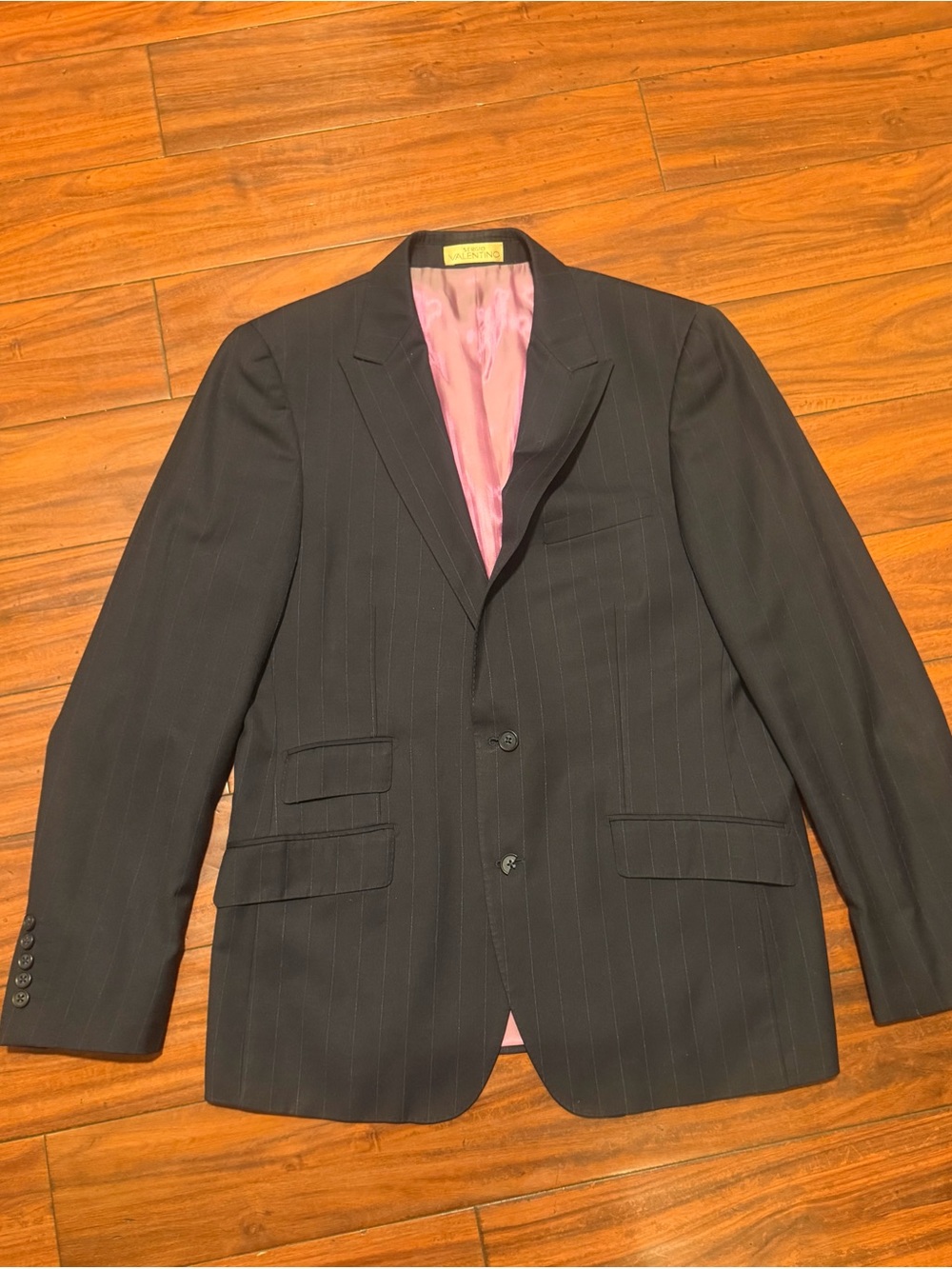 Men's Sergio Valentino Black Pinstripe Blazer with Pink Lining